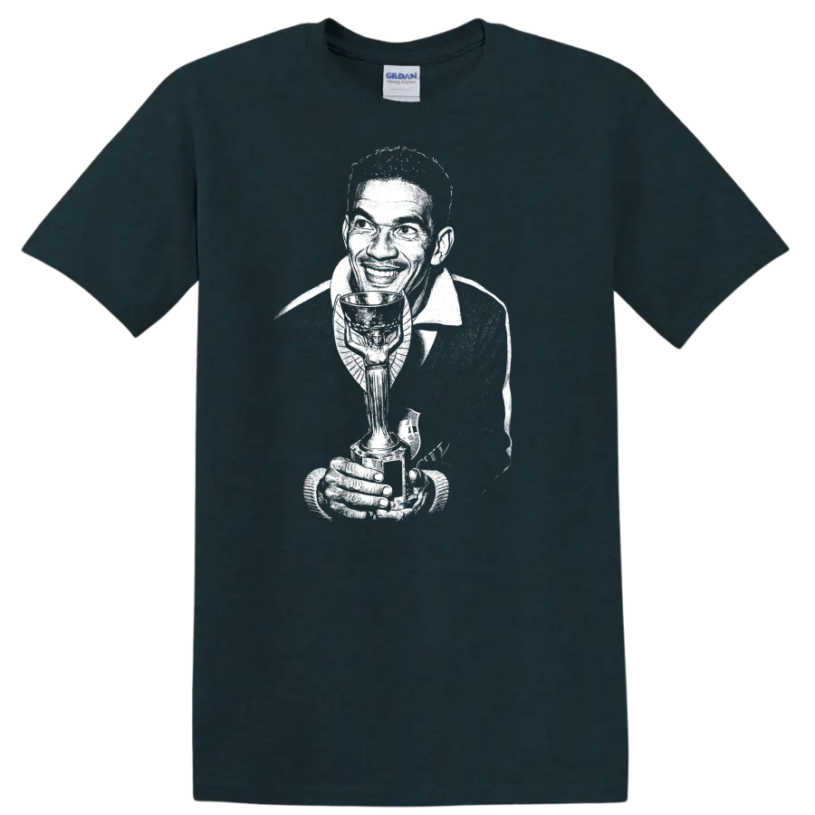 Black and white retro soccer portrait graphic T shirt of Manuel Francisco dos - Midnight (Green)