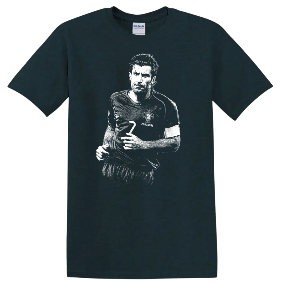 High-contrast retro soccer portrait of Luís Figo style graphic T-shirt - Midnight (Green)