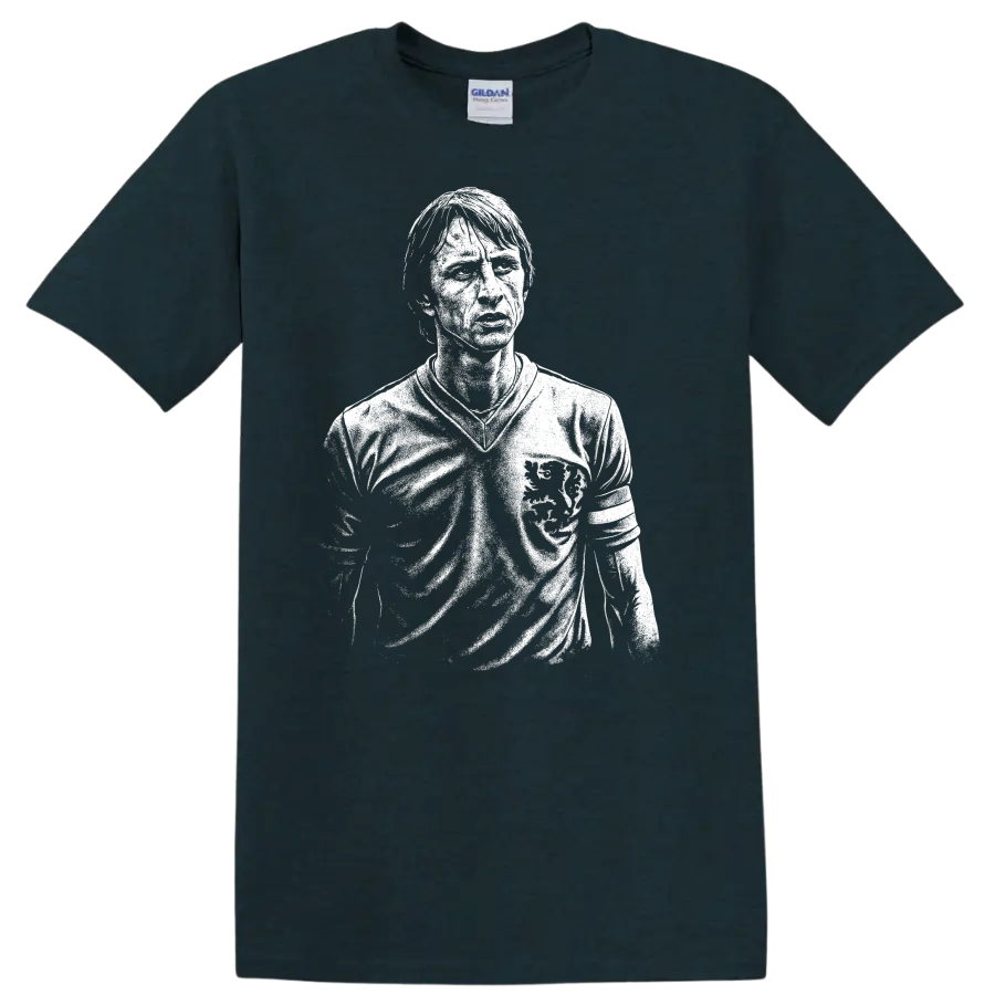 Black and white retro soccer portrait graphic T shirt inspired by Johan - Midnight (Green)