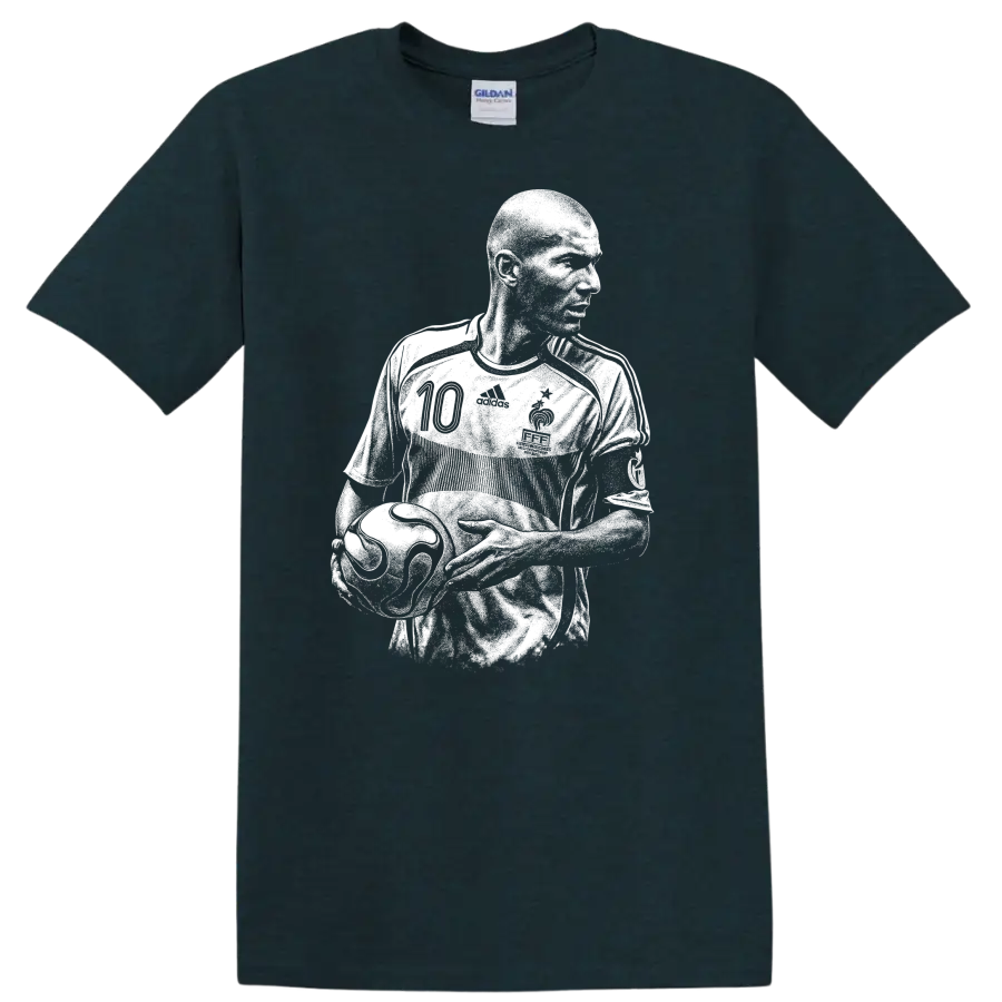 Retro soccer portrait of Zinedine Zidane in bold black and white style T - Midnight (Green)
