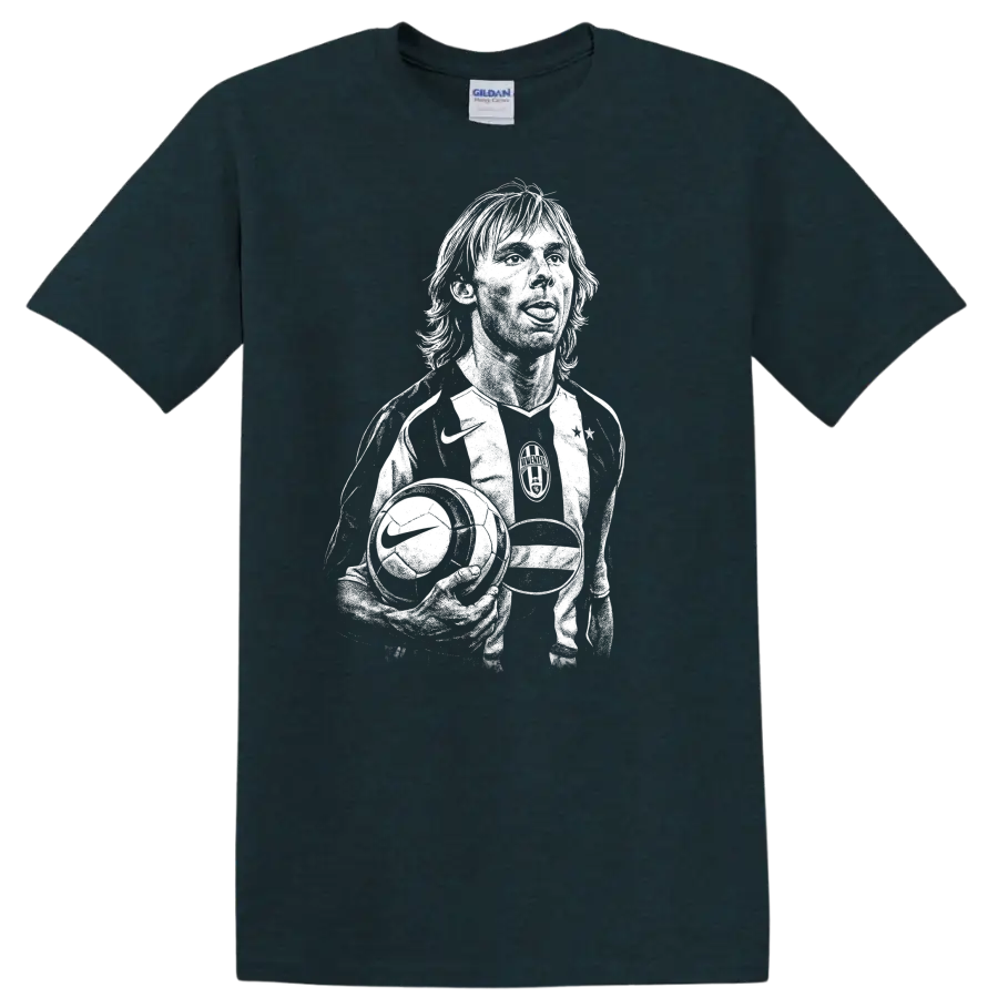 Black and white retro soccer portrait graphic T shirt featuring Pavel - Midnight (Green)