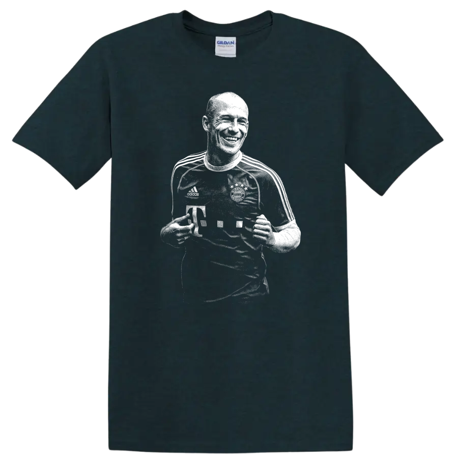 Black and white retro soccer portrait of Arjen Robben on a T - Midnight (Green)