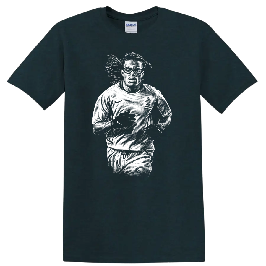 High-contrast retro soccer portrait of Edgar Davids inspired legend style T - Midnight (Green)