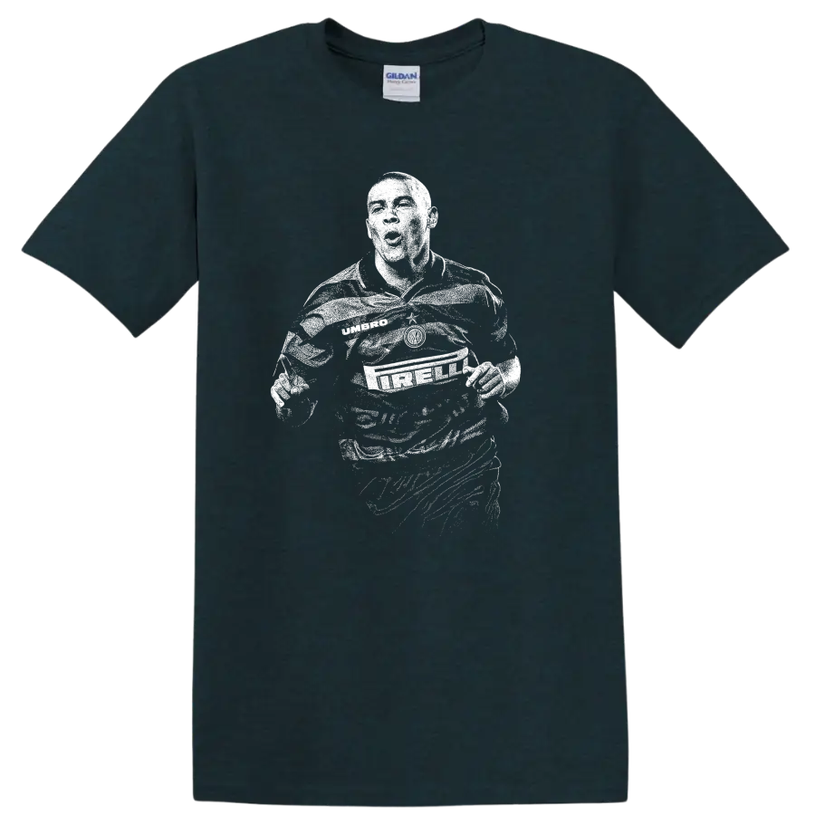 Retro soccer legend portrait of Ronaldo Nazário style graphic T - Midnight (Green)