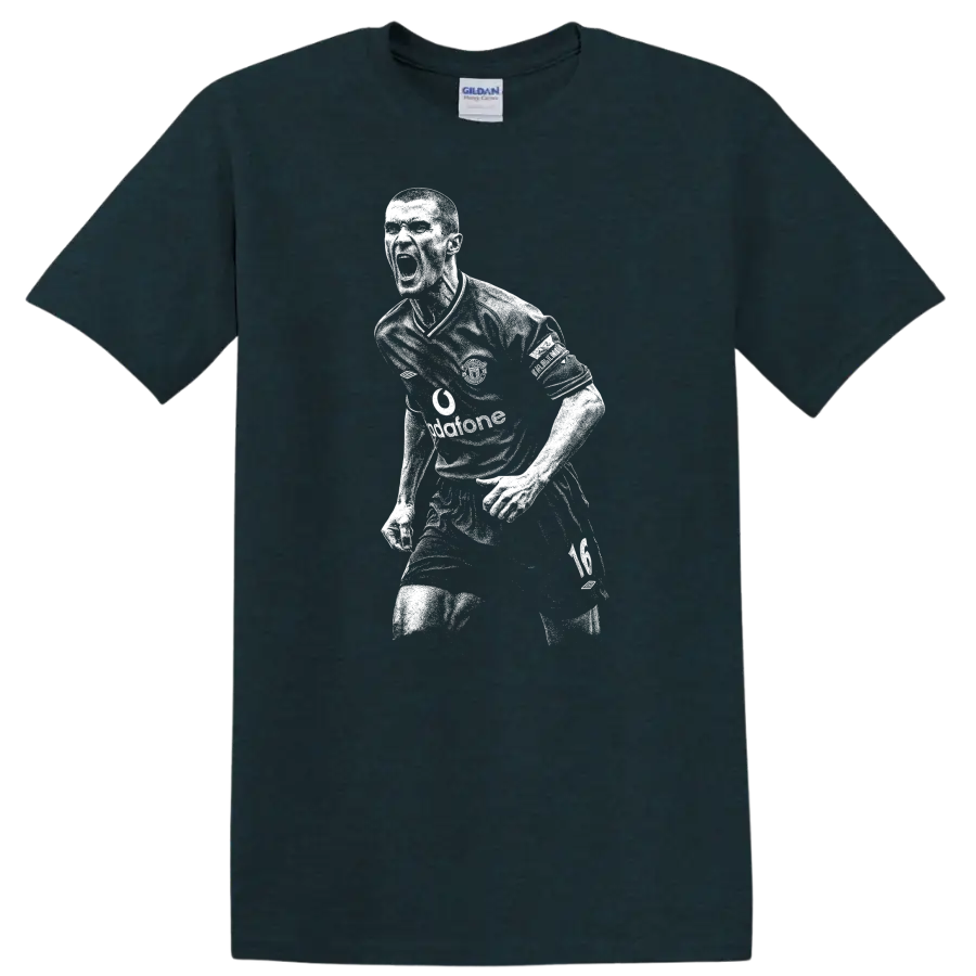 High-contrast retro soccer portrait of Roy Keane style T-shirt - Midnight (Green)