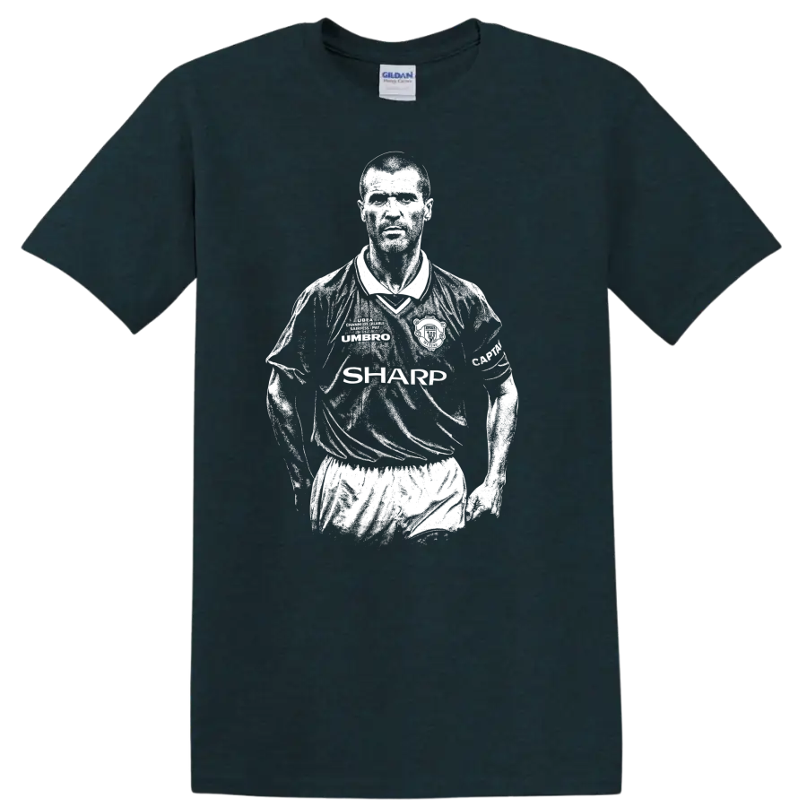 Black and white retro soccer portrait of Roy Keane style T - Midnight (Green)