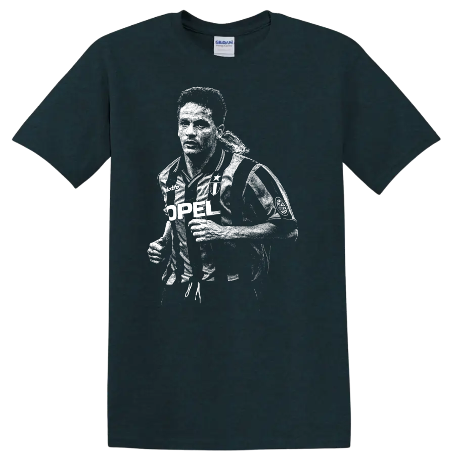 Black and white retro soccer portrait of Roberto Baggio on a T - Midnight (Green)
