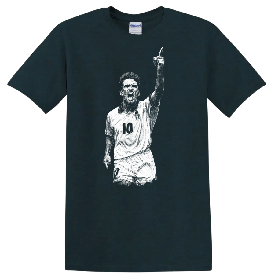 Retro soccer legend portrait of Roberto Baggio in bold black and white T Shirt - Midnight (Green)