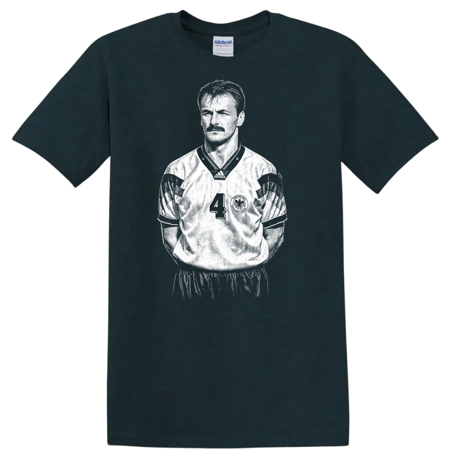Retro soccer legend portrait style graphic featuring Jürgen Kohler on a T - Midnight (Green)