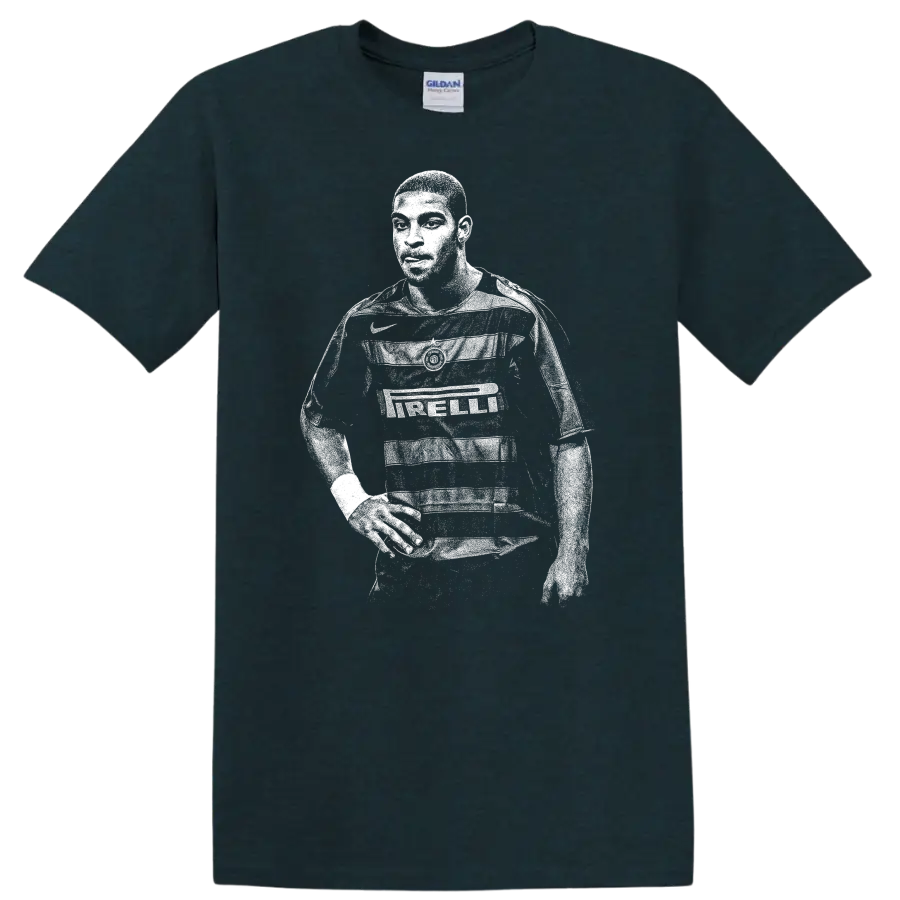 Retro soccer player portrait of Adriano Leite Ribeiro in black and white T shirt - Midnight (Green)