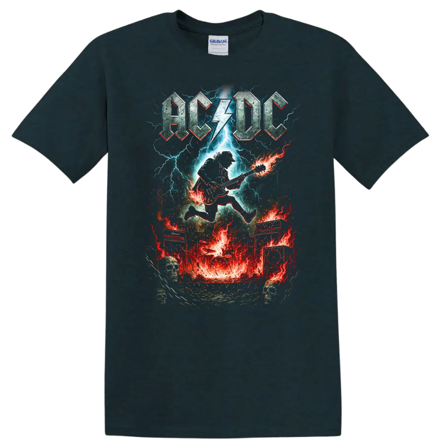AC DC Retro Rock Lightning Guitar Heavy Metal T Shirt on a Midnight (Green) T Shirt