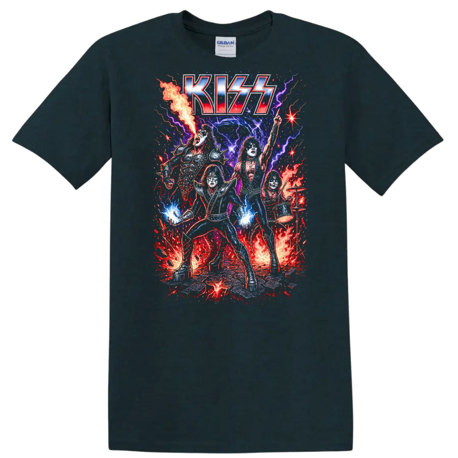 KISS Retro Heavy Metal Rock Band Album Cover Legend Style T Shirt - Midnight (Green)