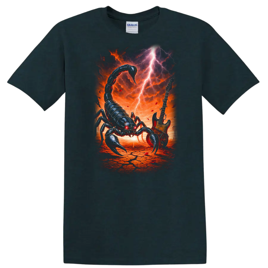 Heavy Metal Scorpion Guitar Retro Rock Band Album Art T Shirt - Midnight (Green)