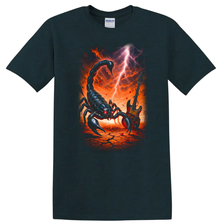 Vintage classic rock scorpion graphic T shirt design on a Midnight (Green) T Shirt