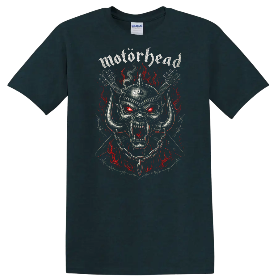 Motörhead Heavy Metal Skull Flames Retro Band Style T Shirt - Midnight (Green)
