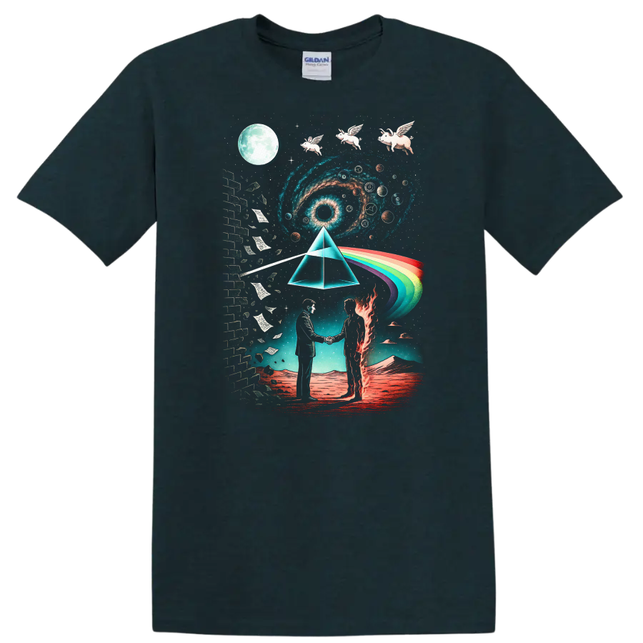 Vintage Pink Floyd inspired T Shirt with cosmic art and rainbow design on a Midnight (Green) T Shirt