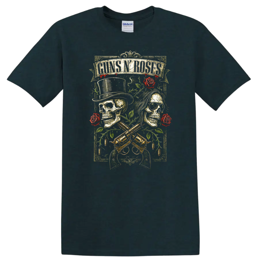 Guns N’ Roses Retro Heavy Metal Skull Roses T Shirt - Midnight (Green)