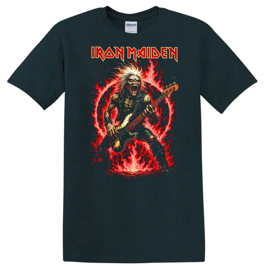 Iron Maiden Heavy Metal Album Cover Flame Bassist T Shirt - Midnight (Green)