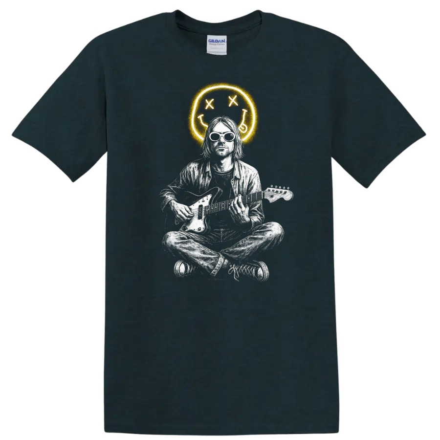 Retro Rock Heavy Metal Nirvana Style Guitar Player T Shirt - Midnight (Green)