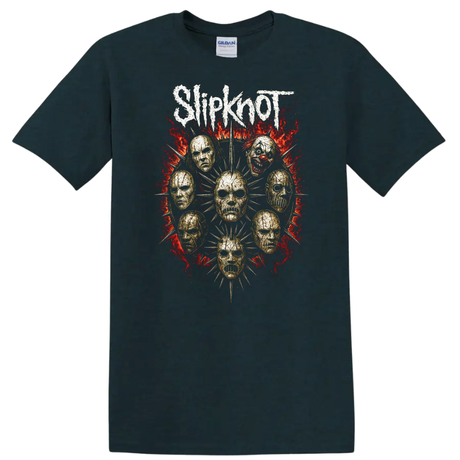 Retro Metal Skull Masks Heavy Rock Album Art T Shirt - Midnight (Green)