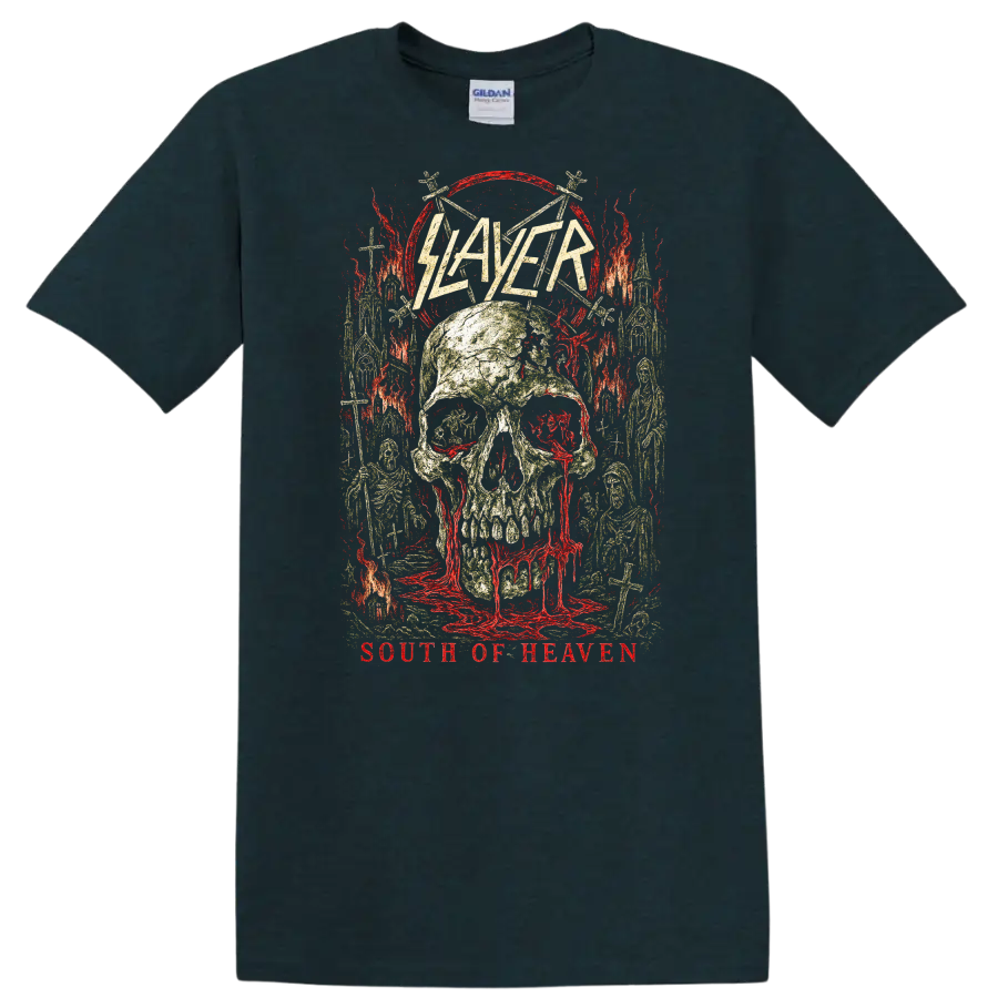 Slayer South of Heaven Retro Heavy Metal Skull T Shirt - Midnight (Green)