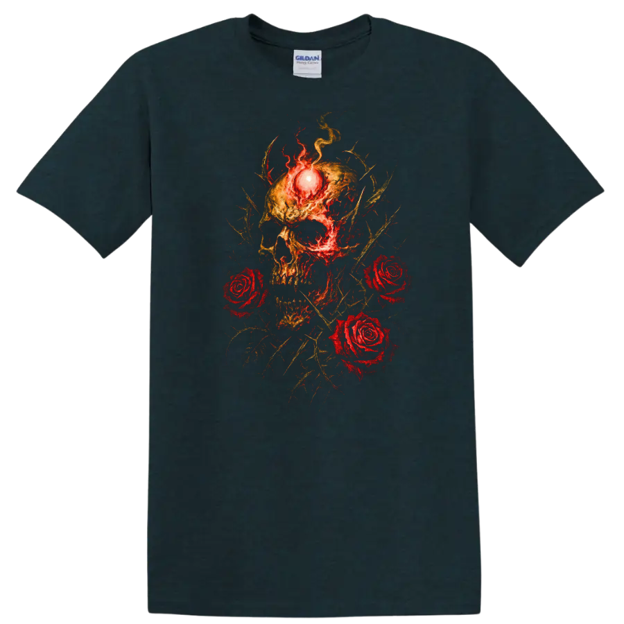 Retro Heavy Metal Skull Roses Fire T Shirt Dark Rock Band Cover Style - Midnight (Green)