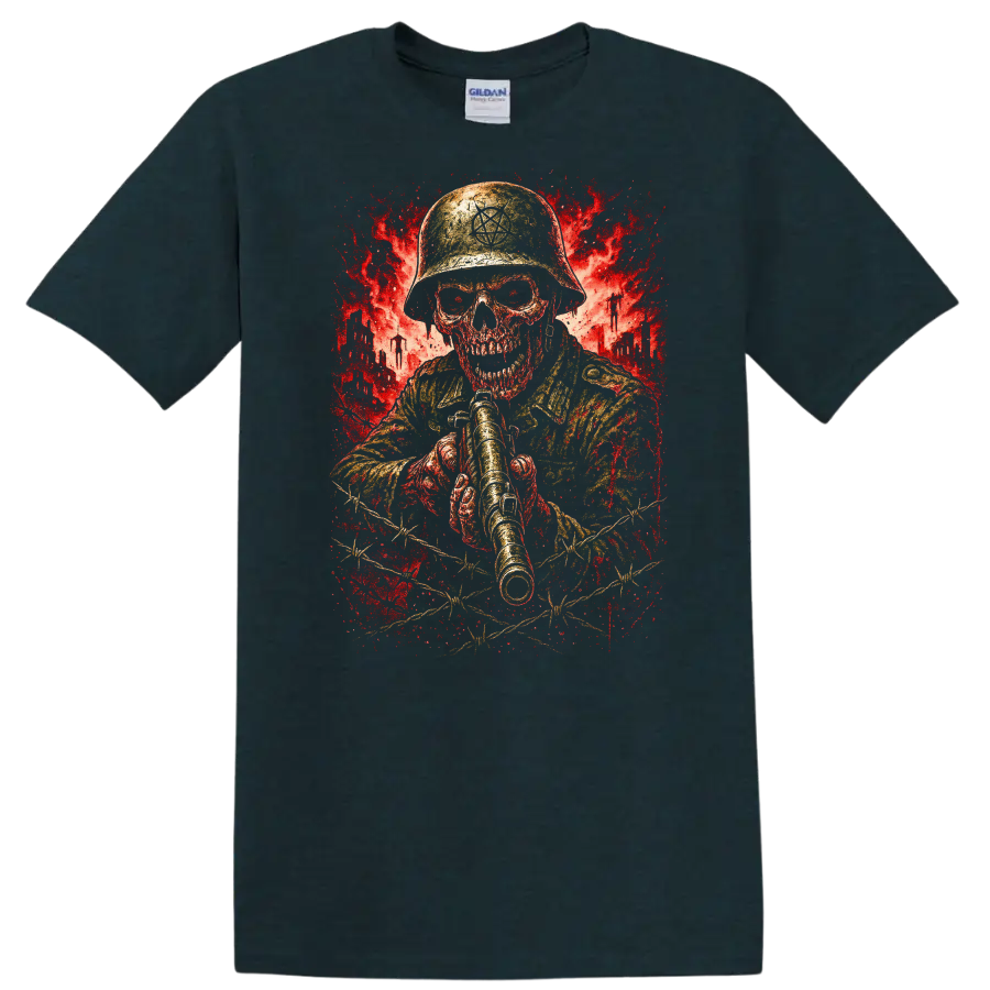 Retro Heavy Metal Skull Soldier Helmet T Shirt Red Explosion Graphic - Midnight (Green)