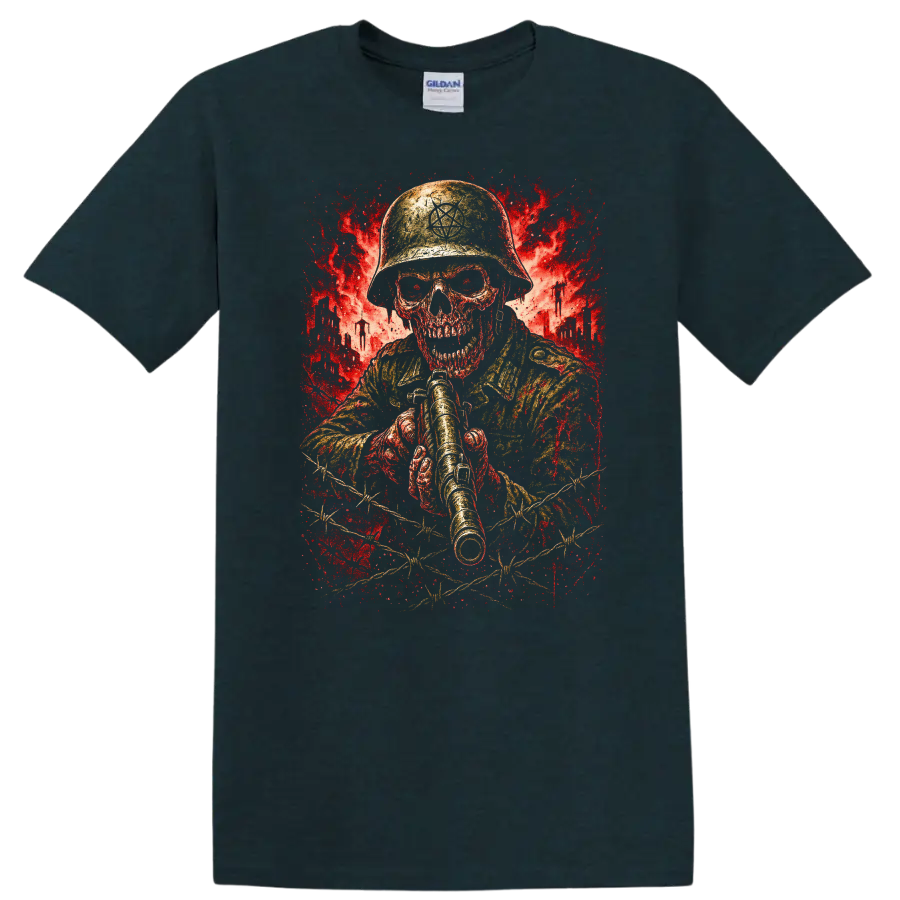 Vintage Classic Rock Album Cover Art T Shirt featuring a skull soldier on a Midnight (Green) T Shirt