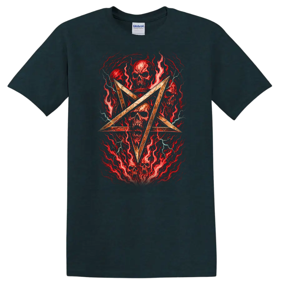 Retro Heavy Metal Skull Pentagram Album Cover Style T Shirt - Midnight (Green)