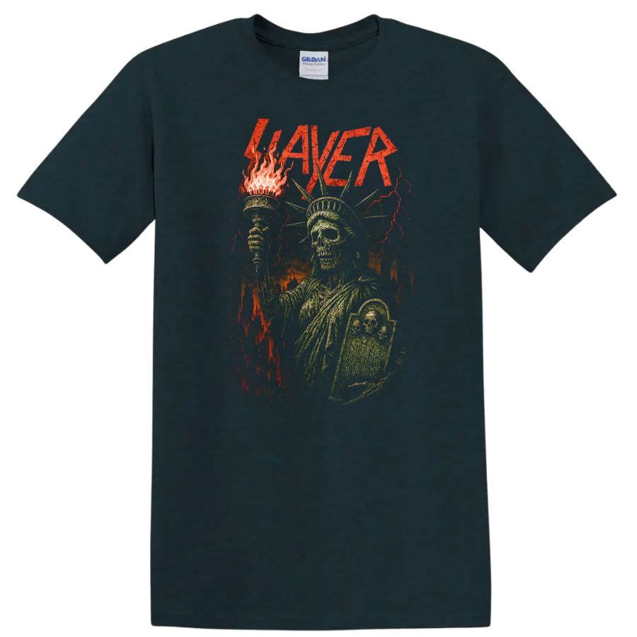 Retro Slayer Heavy Metal Album Art Skull Torch T Shirt - Midnight (Green)
