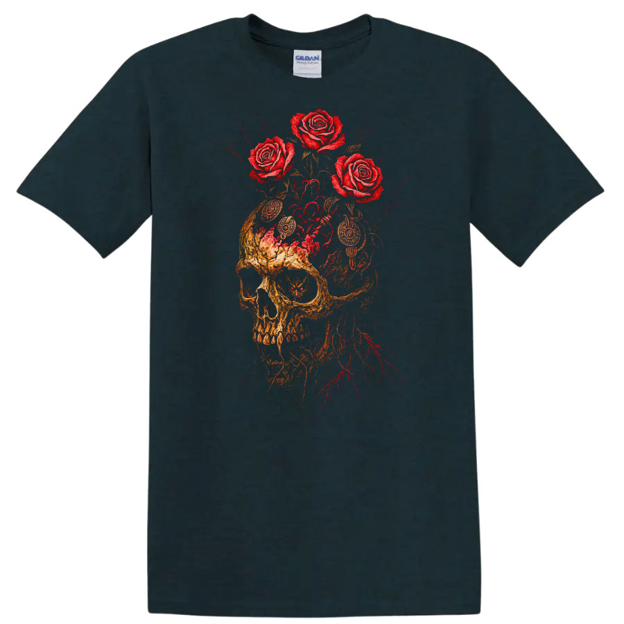 Retro Rock Skull and Roses Heavy Metal Graphic T Shirt - Midnight (Green)