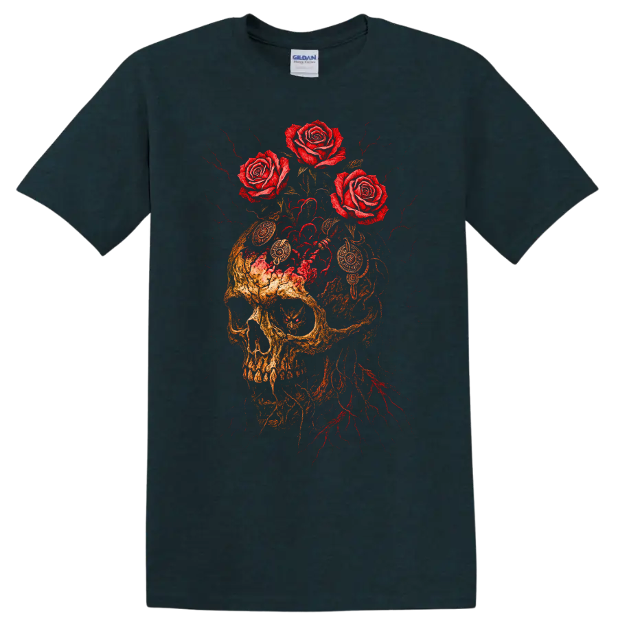 Vintage classic rock skull with roses graphic print T Shirt on a Midnight (Green) T Shirt