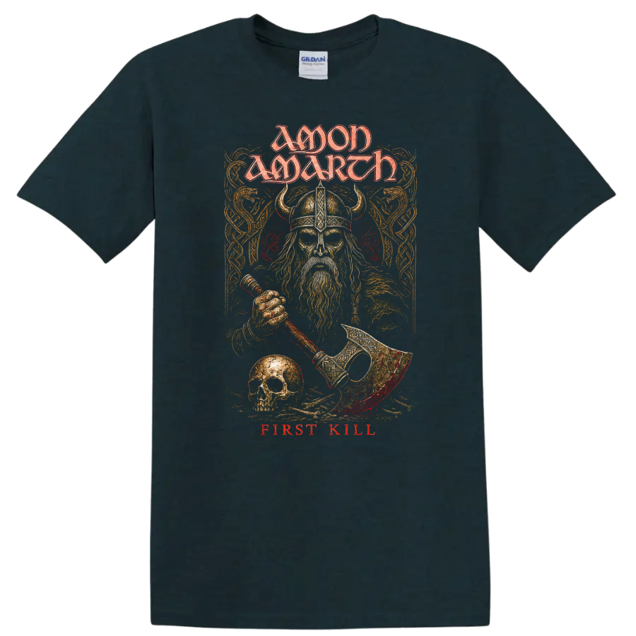 Amon Amarth First Kill T Shirt with Viking warrior design on a Midnight (Green) T Shirt