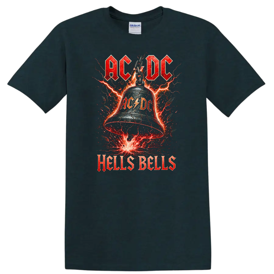 AC/DC Hells Bells Retro Heavy Metal Lightning T Shirt on a Midnight (Green) T Shirt