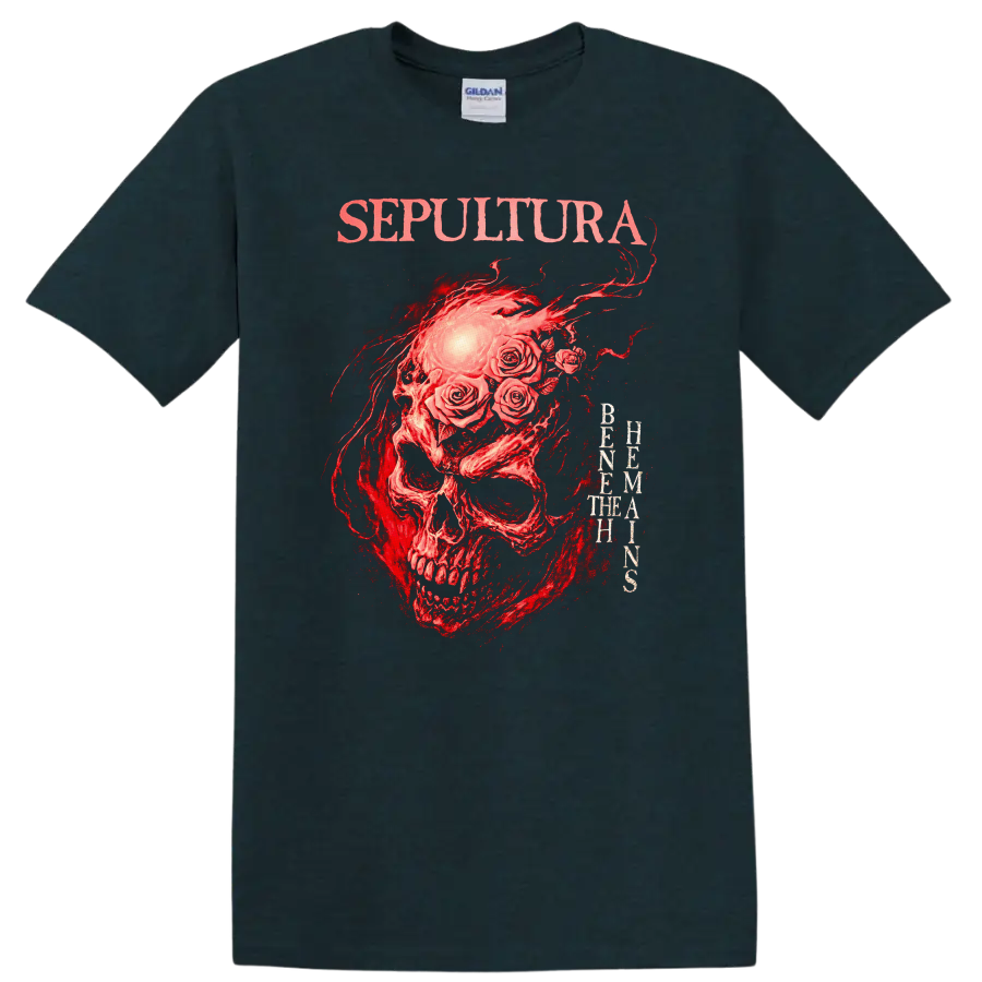 Sepultura Skull Roses Retro Heavy Metal Band Album Cover T Shirt - Midnight (Green)