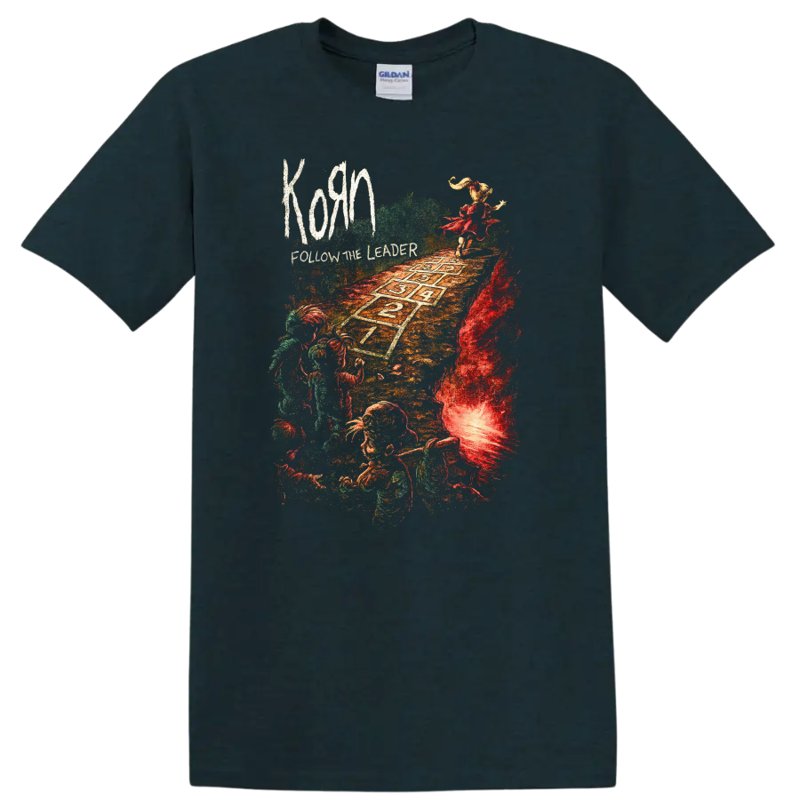 Korn Follow the Leader Retro Heavy Metal Album Art T Shirt - Midnight (Green)