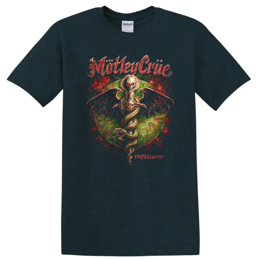 Motley Crue Retro Heavy Metal Album Cover Legend Style T Shirt - Midnight (Green)