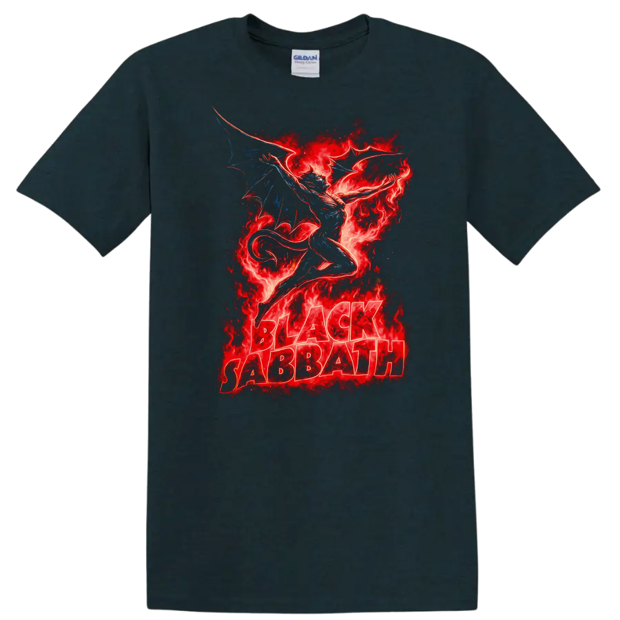 Black Sabbath Retro Heavy Metal Dragon Flames Album Cover T Shirt - Midnight (Green)