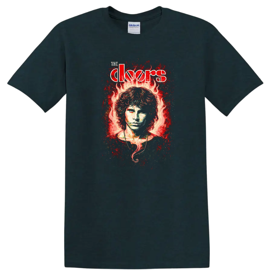 The Doors Retro Rock Flame Portrait Album Cover T Shirt - Midnight (Green)