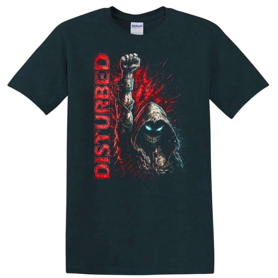 Disturbed Retro Heavy Metal Album Cover Style T Shirt for Rock Fans - Midnight (Green)