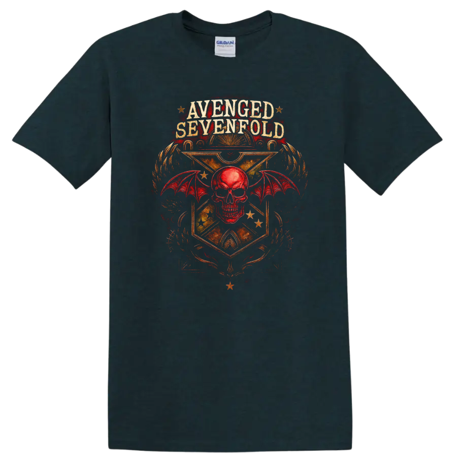 Avenged Sevenfold Retro Heavy Metal Skull Wings T Shirt on a Midnight (Green) T Shirt