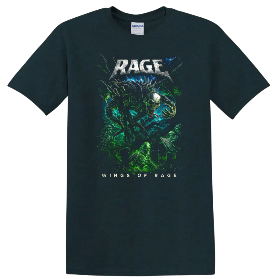 Rage Heavy Metal Album Cover Style Graphic T Shirt for Rock Fans - Midnight (Green)