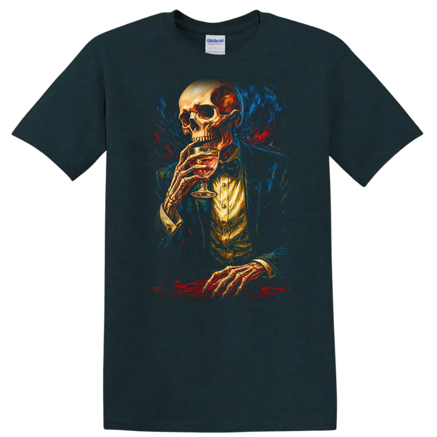 Vintage gothic skeleton in formal attire holding a drink amid blue and red painterly on a Midnight (Green) T Shirt