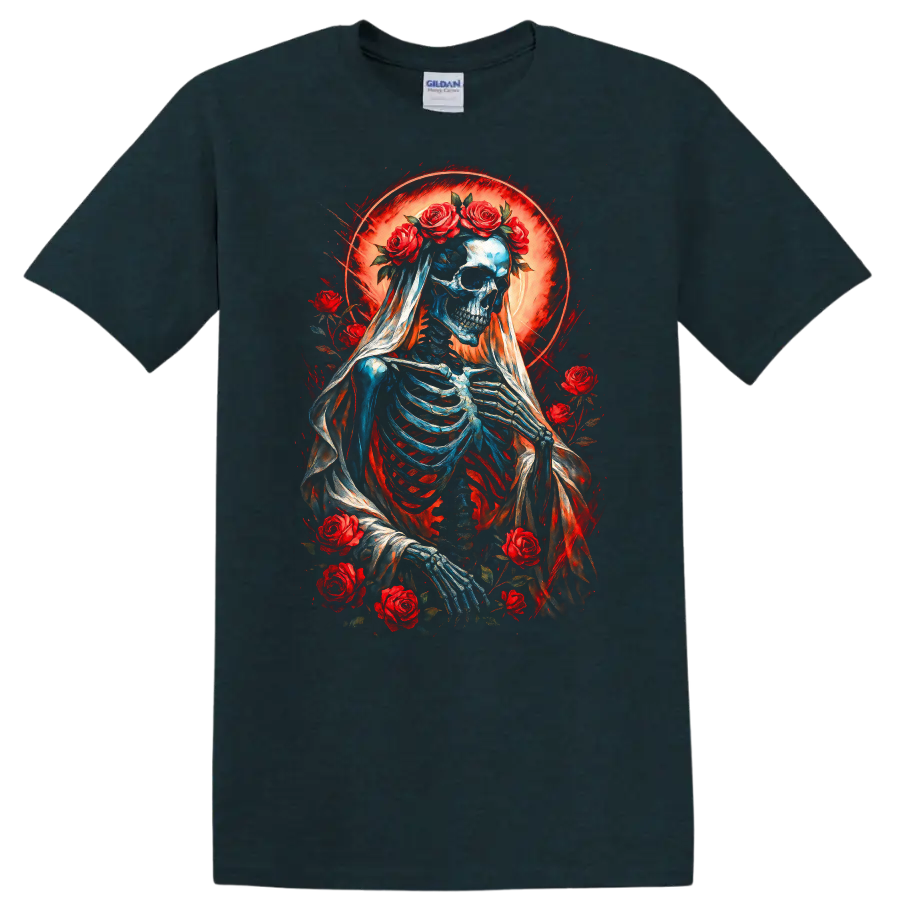 Vintage gothic skeleton bride in a veil with red roses and glowing red halo on a Midnight (Green) T Shirt