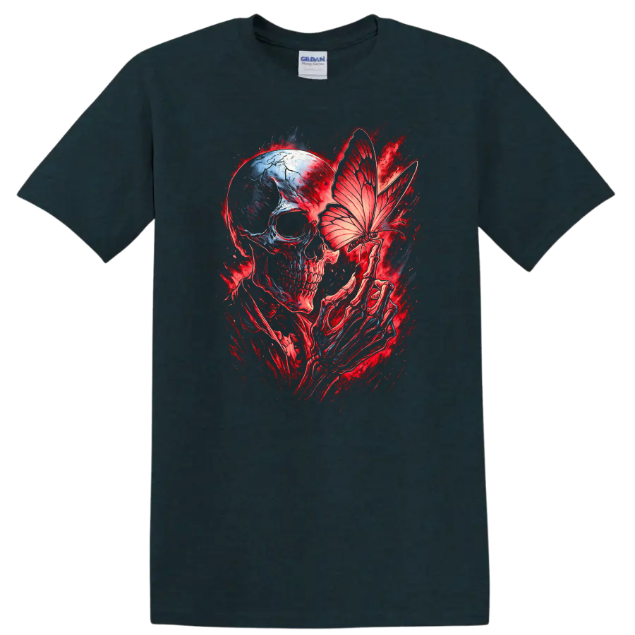 Gothic skull with skeletal hands holding a butterfly in red and blue dark art on a Midnight (Green) T Shirt