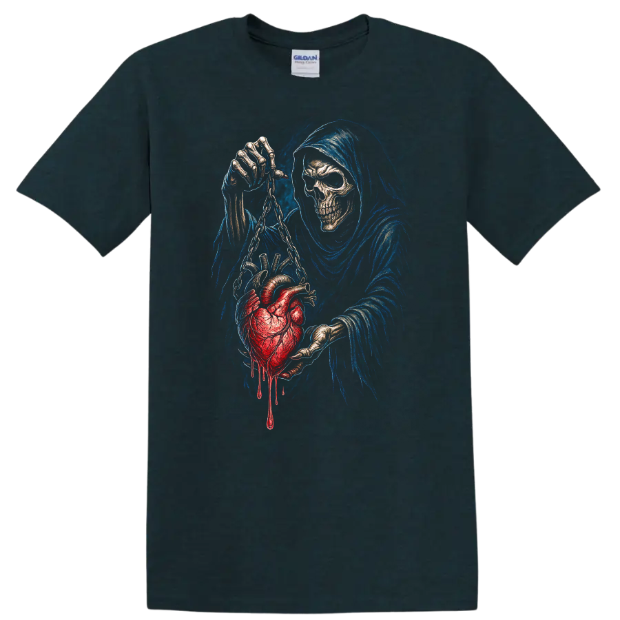 Grim Reaper skull holding a chained bleeding heart in detailed gothic horror art on a Midnight (Green) T Shirt