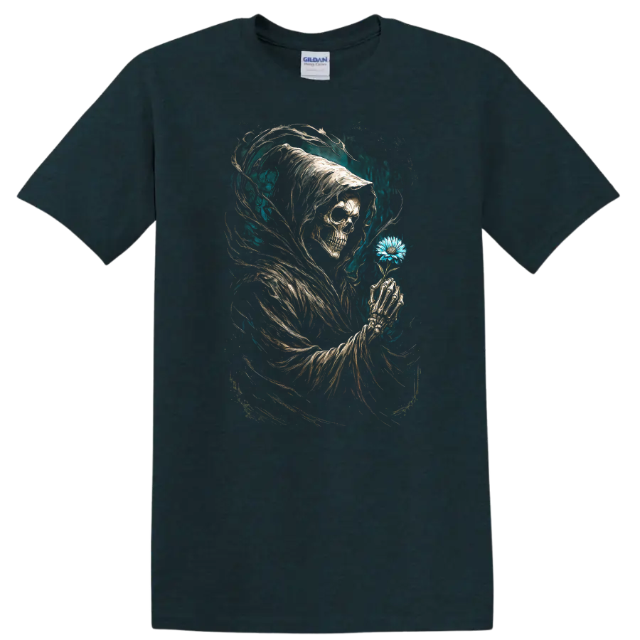 Hooded Grim Reaper skull holding blue flower in vintage gothic dark art on a Midnight (Green) T Shirt