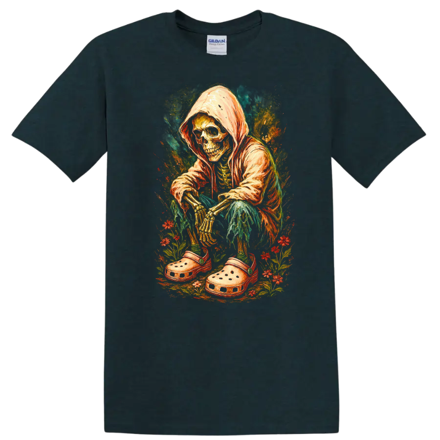 Vintage hooded skeleton in oversized clogs surrounded by colorful flowers on a Midnight (Green) T Shirt