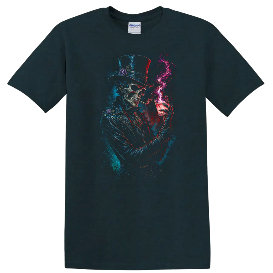 Gothic top-hat skeleton with cocktail glass, magenta smoke, and distressed skull art on a Midnight (Green) T Shirt