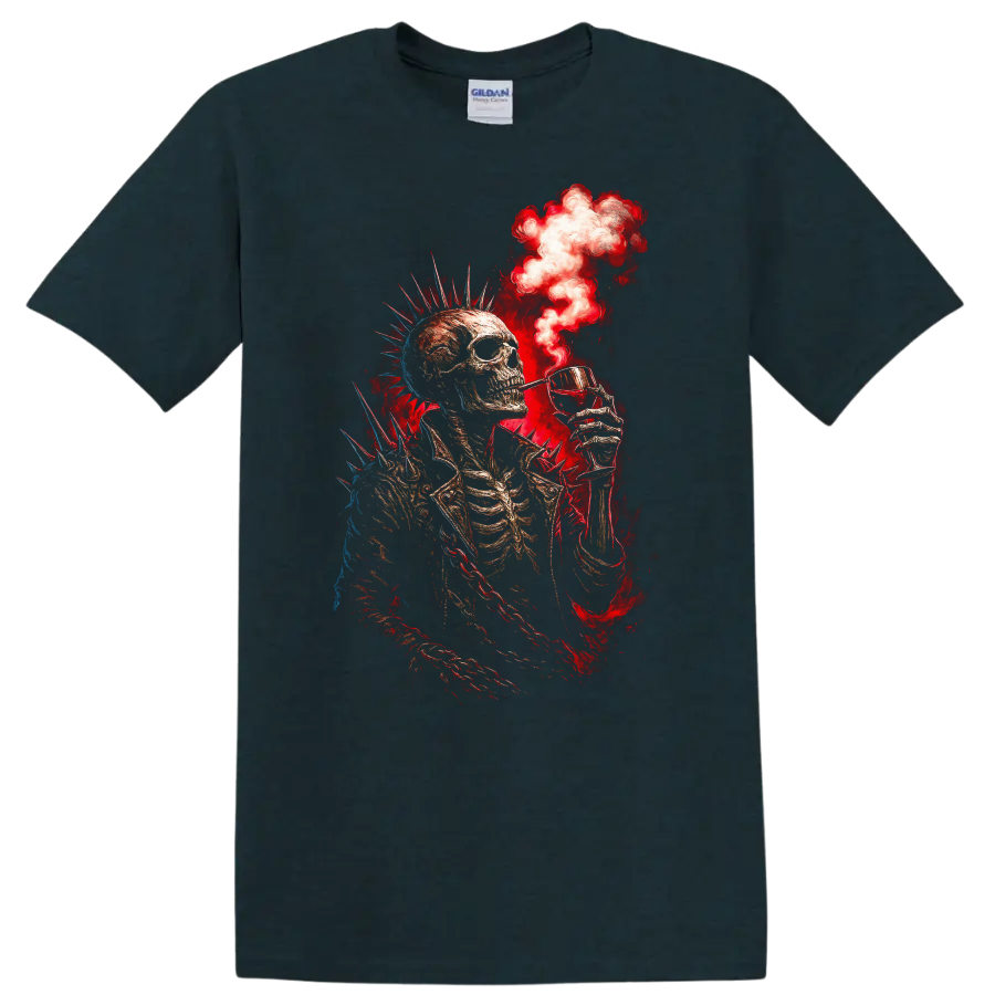 Spiked punk skeleton raising a cocktail amid red smoke in distressed gothic art on a Midnight (Green) T Shirt
